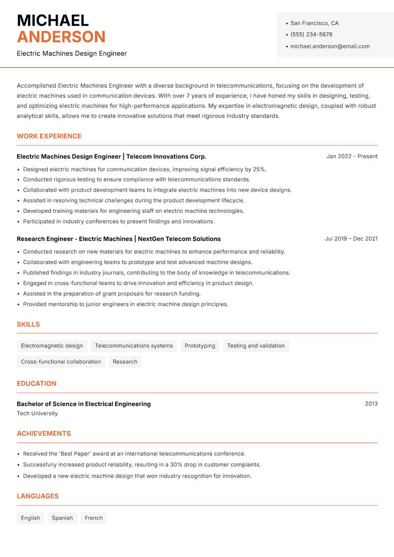 Electric Machines Engineer resume template — Modern Professional
