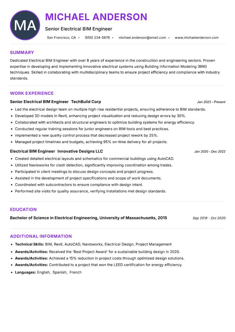 Electrical BIM Engineer resume example — ATS-friendly template