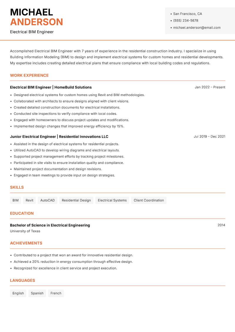 Electrical BIM Engineer resume template — Modern Professional
