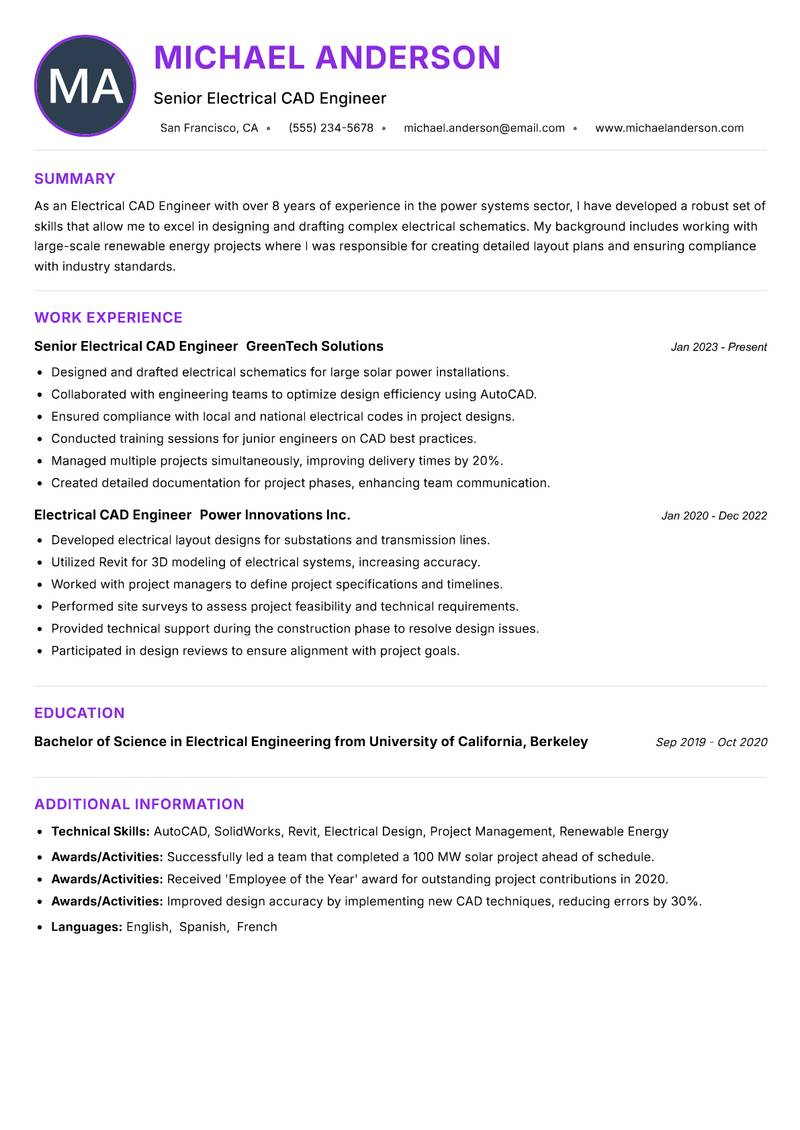 Electrical CAD Engineer resume example — ATS-friendly template