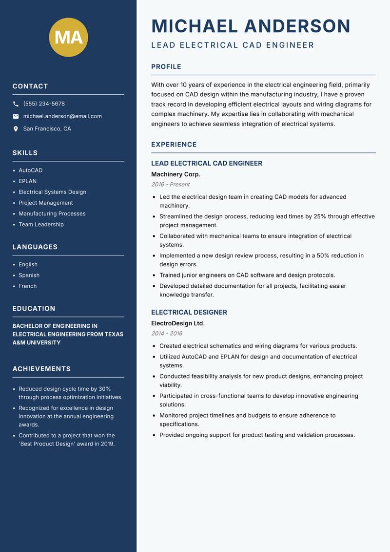 Electrical CAD Engineer resume template — Classic Clean