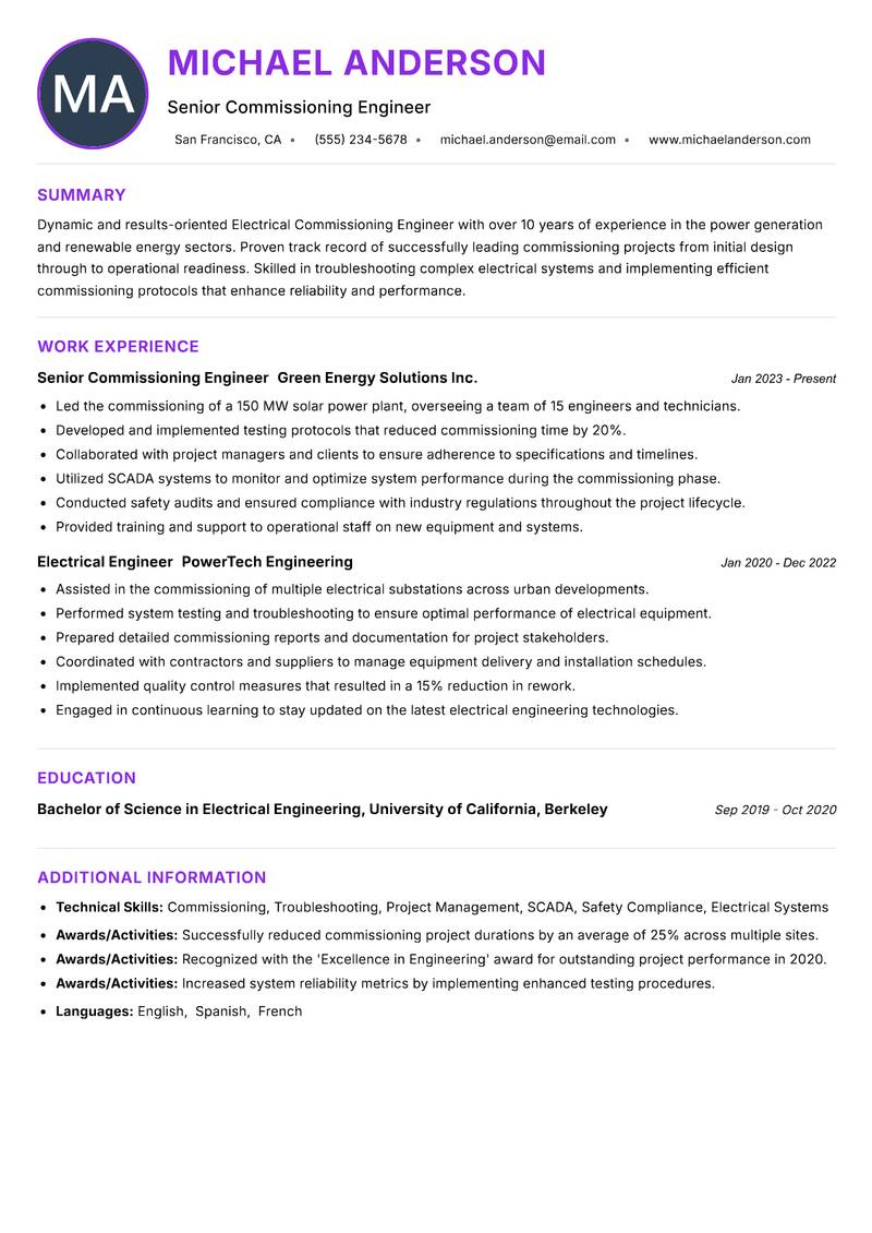 Electrical Commissioning Engineer resume example — ATS-friendly template