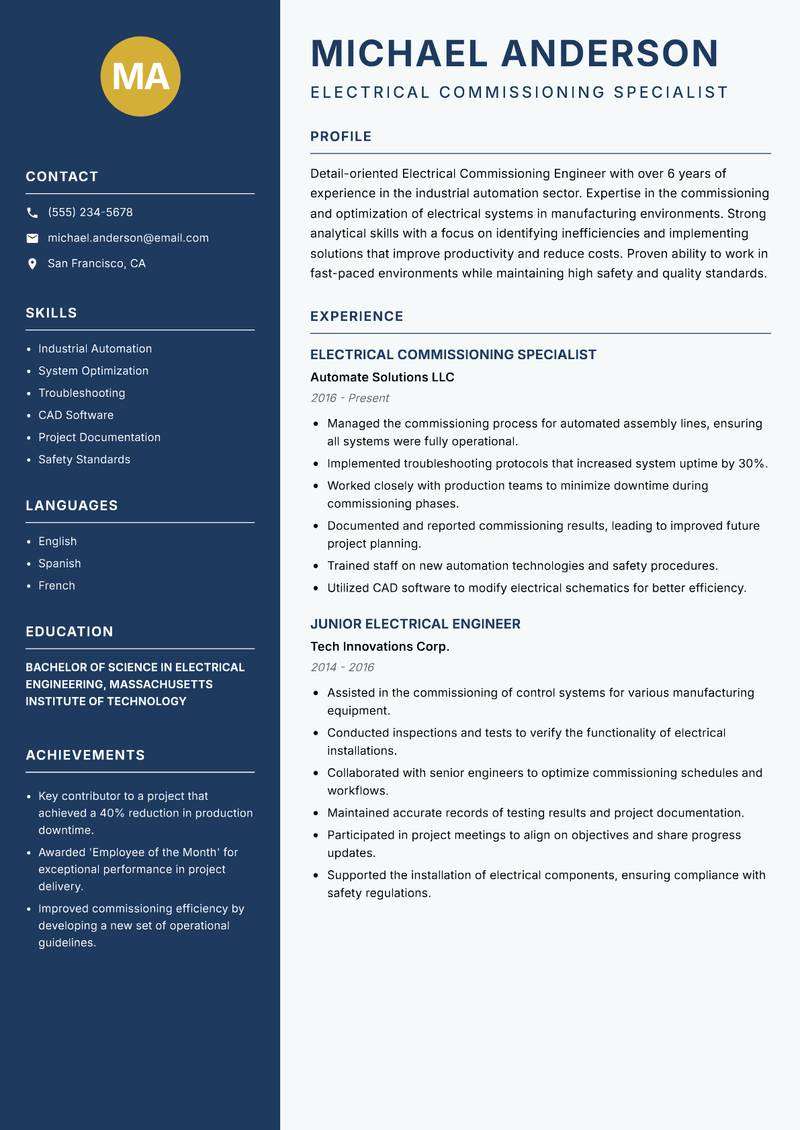Electrical Commissioning Engineer resume template — Classic Clean