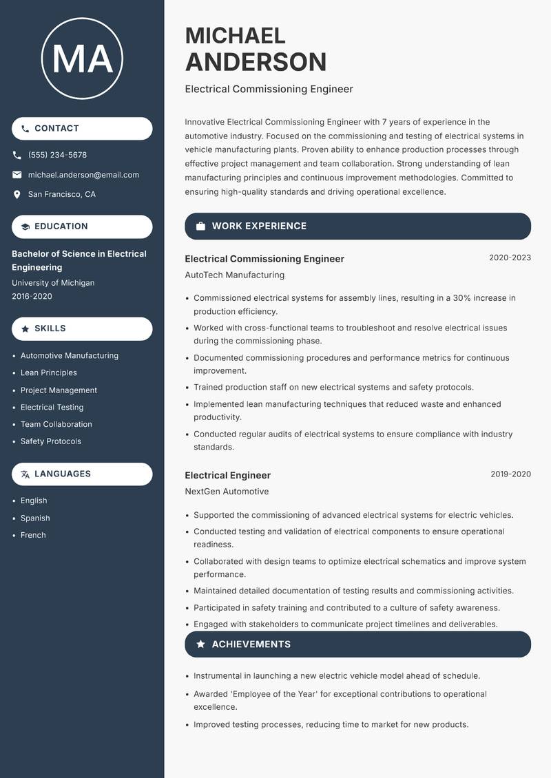 Electrical Commissioning Engineer resume template — Compact
