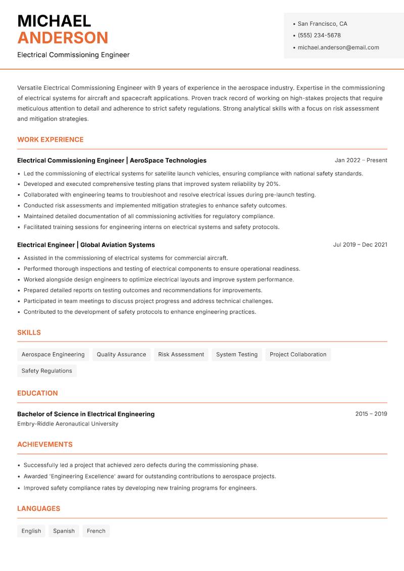 Electrical Commissioning Engineer resume template — Modern Professional
