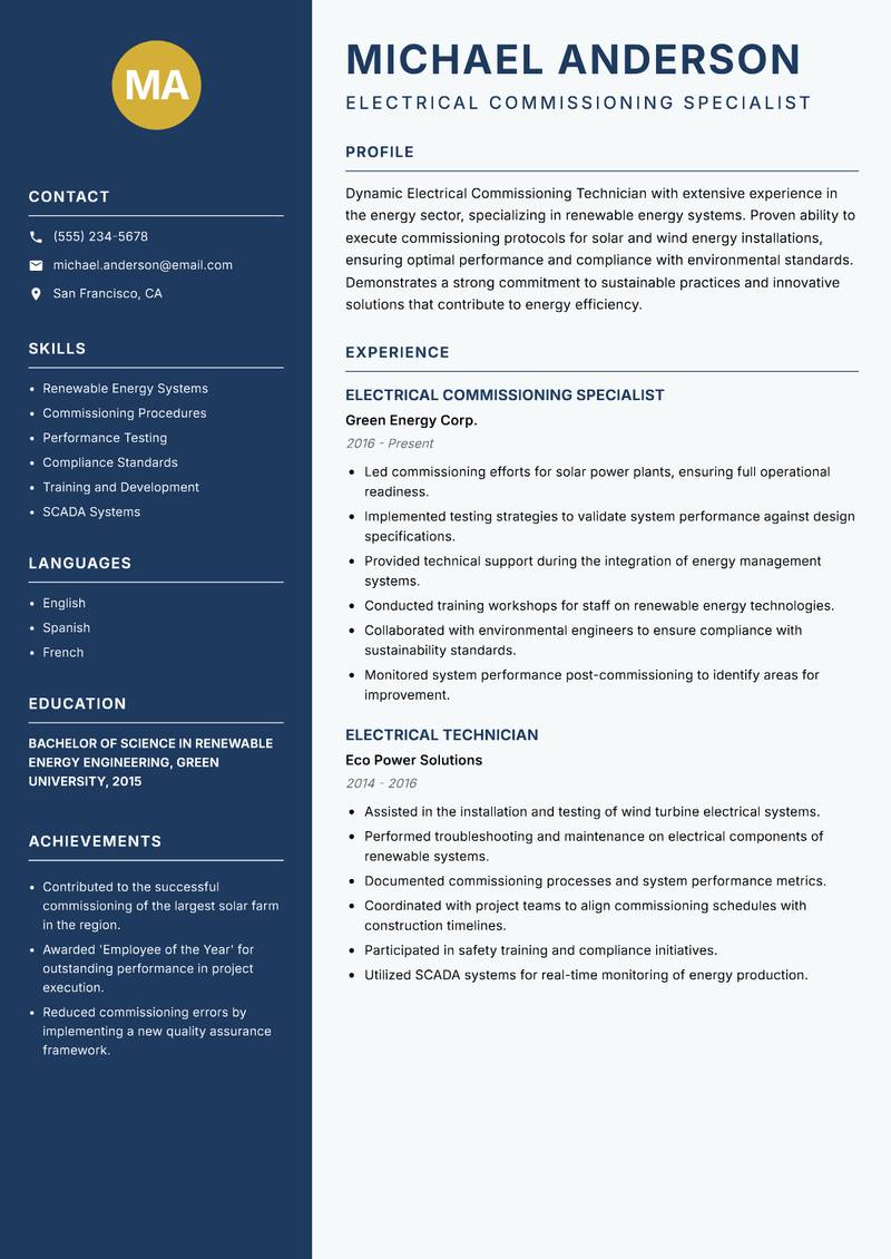 Electrical Commissioning Technician resume template — Classic Clean