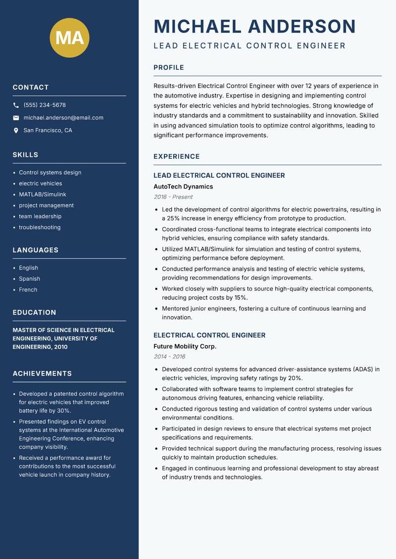 Electrical Control Engineer resume template — Classic Clean