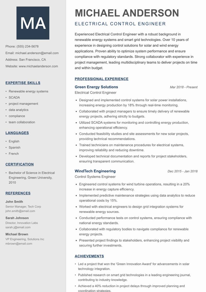 Electrical Control Engineer resume template — Creative Minimal