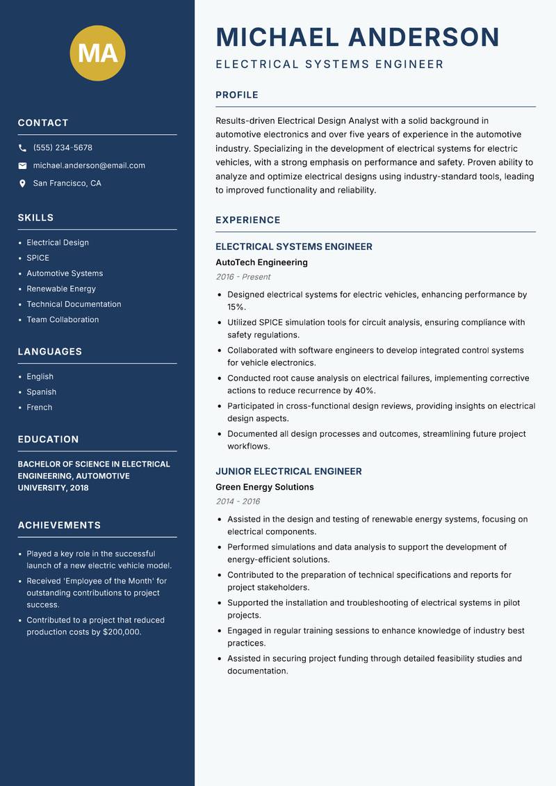 Electrical Design Analyst resume template — Classic Clean