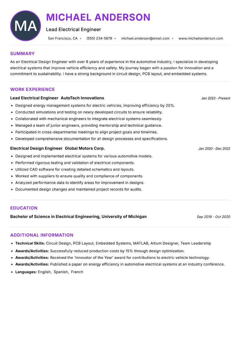 Electrical Design Engineer resume example — ATS-friendly template