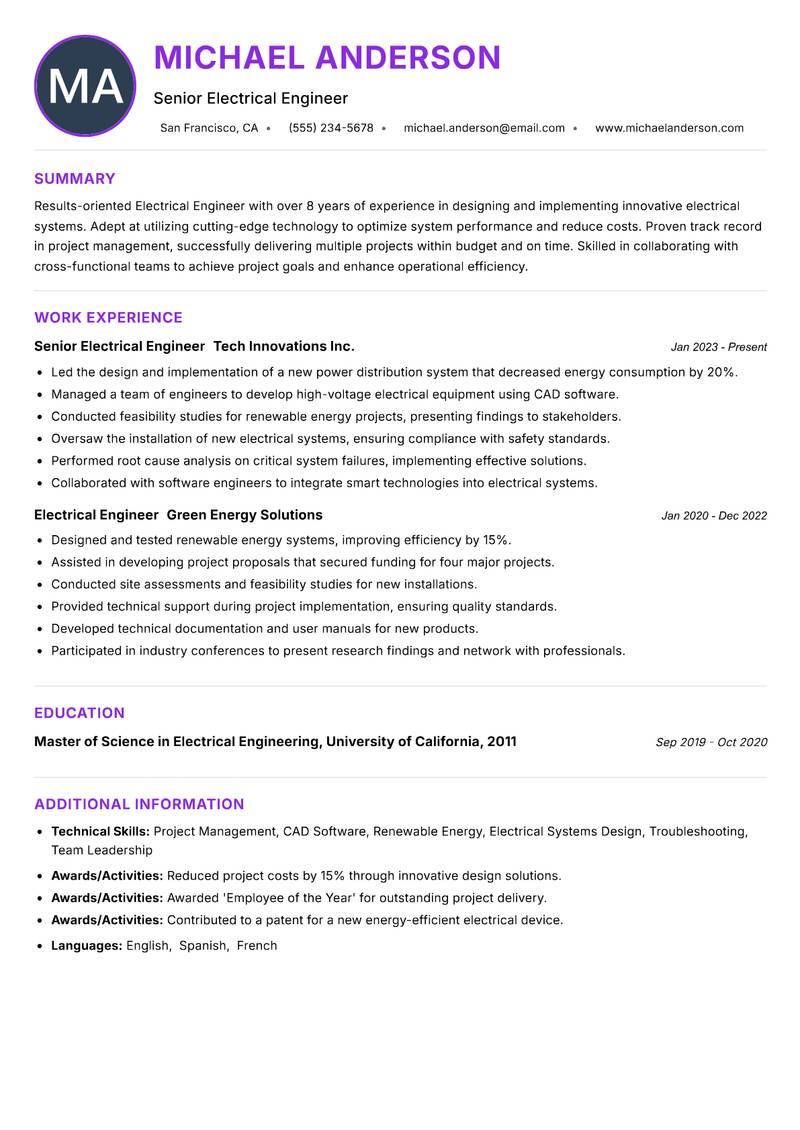 Electrical Engineer resume example — ATS-friendly template