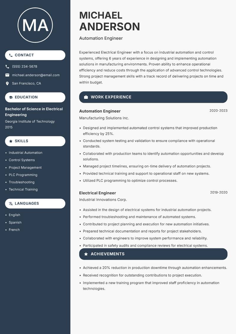Electrical Engineer resume template — Compact