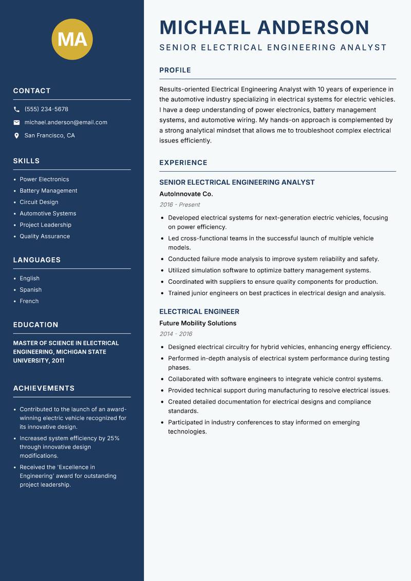 Electrical Engineering Analyst resume template — Classic Clean