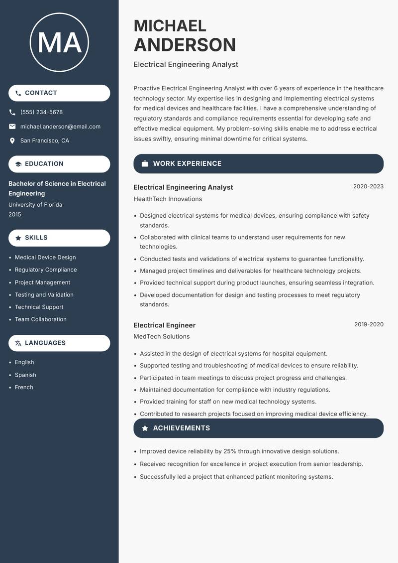 Electrical Engineering Analyst resume template — Compact