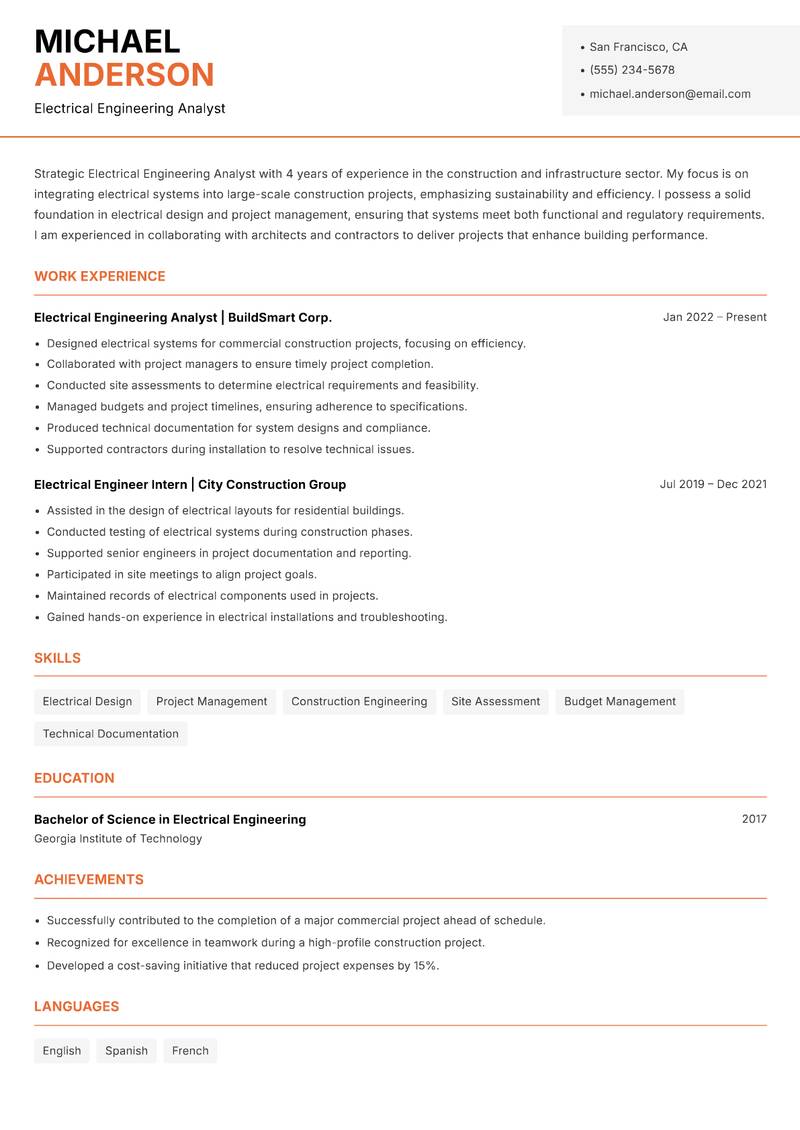Electrical Engineering Analyst resume template — Modern Professional