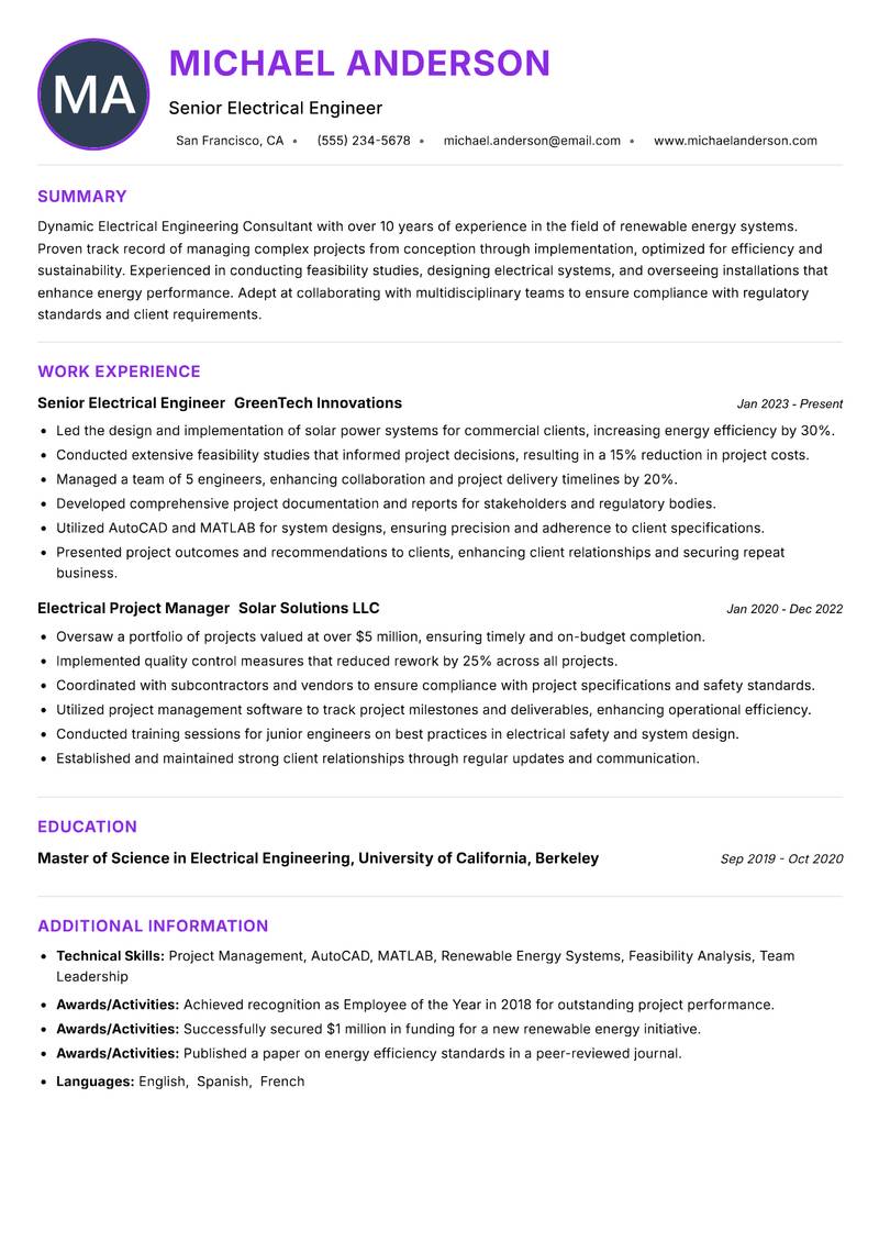 Electrical Engineering Consultant resume example — ATS-friendly template