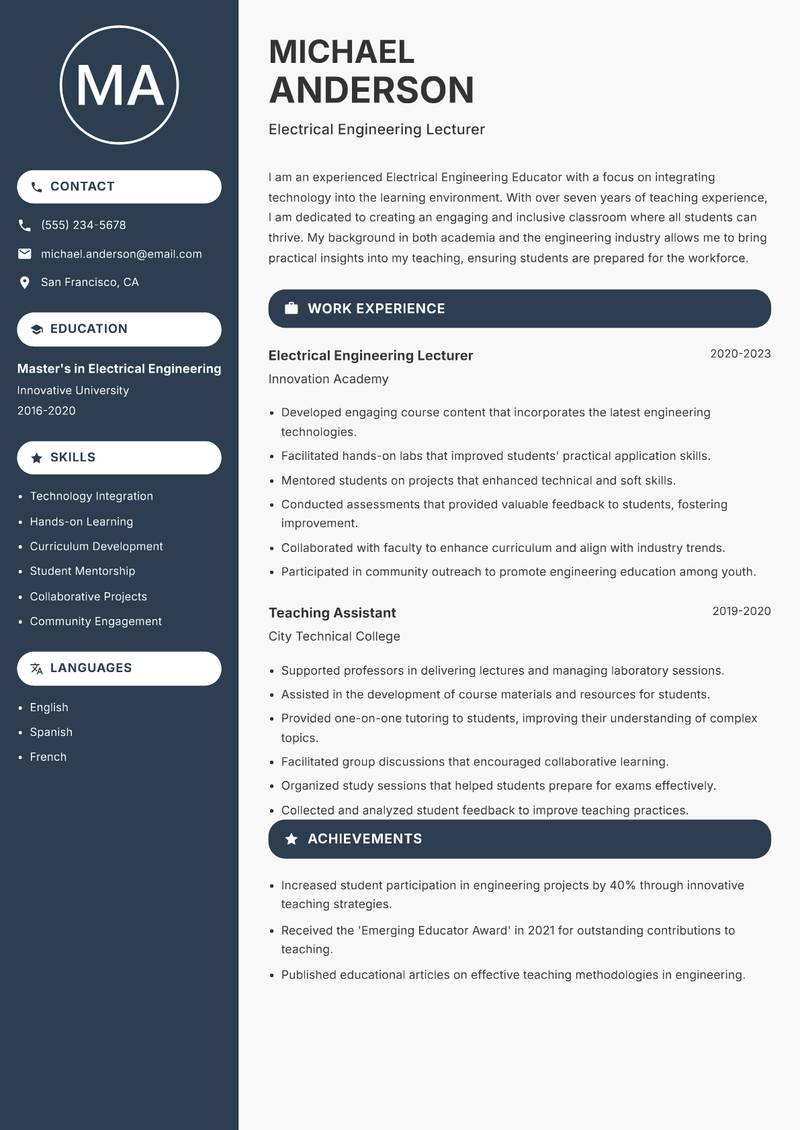 Electrical Engineering Educator resume template — Compact