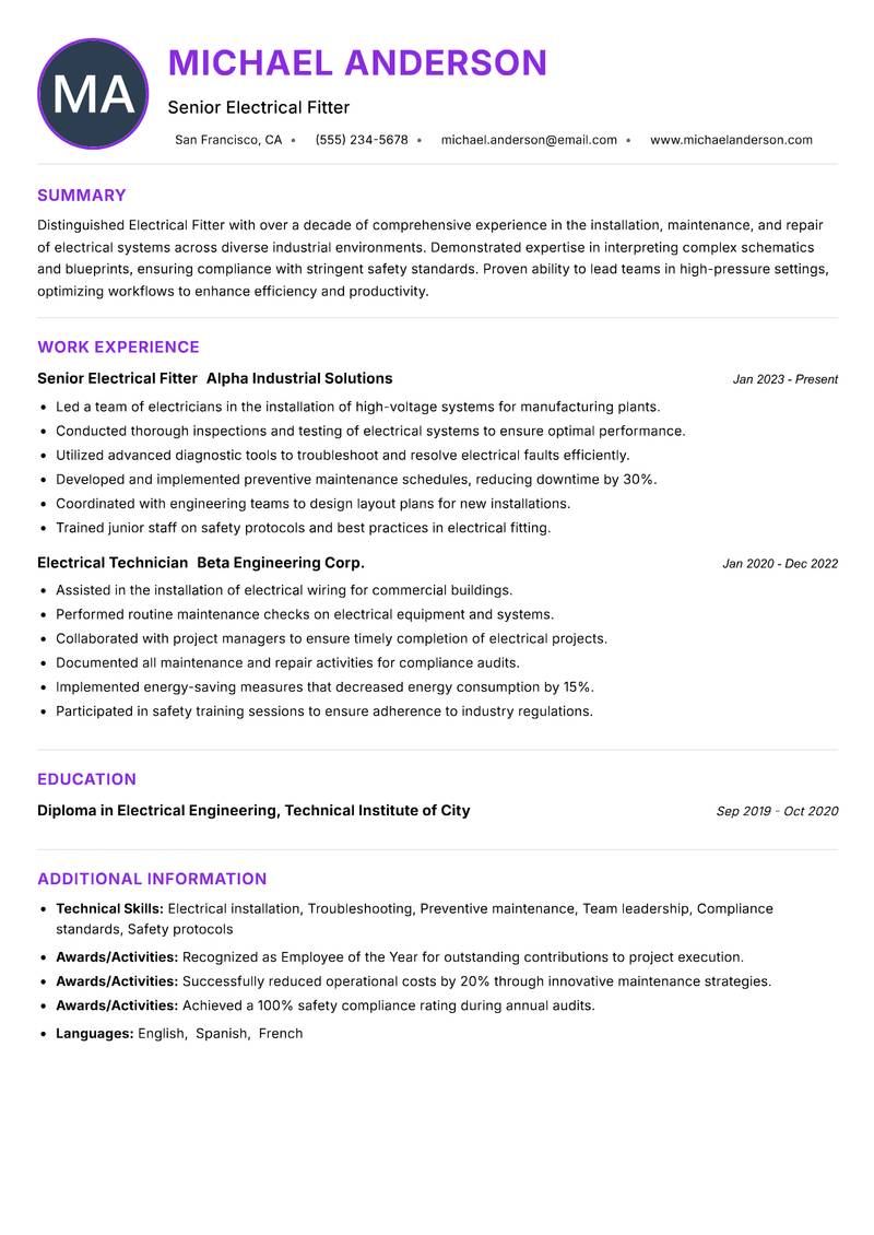Electrical Fitter resume example — ATS-friendly template