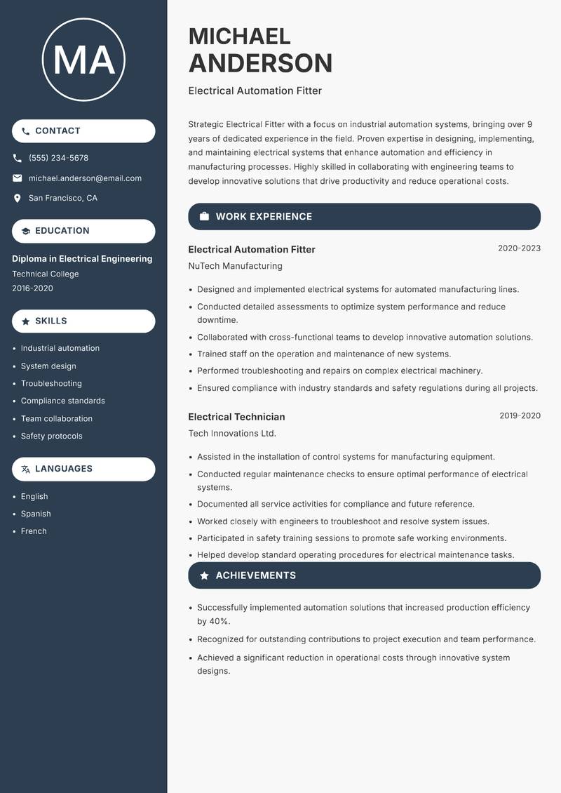 Electrical Fitter resume template — Compact