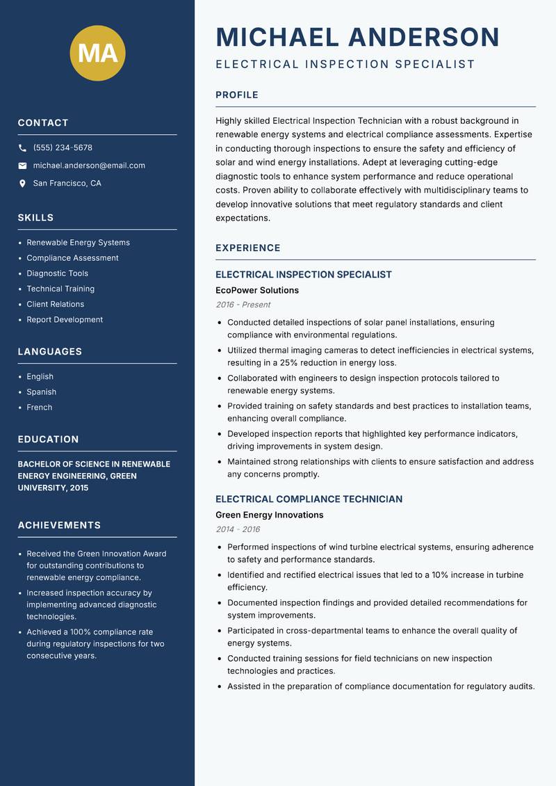 Electrical Inspection Technician resume template — Classic Clean