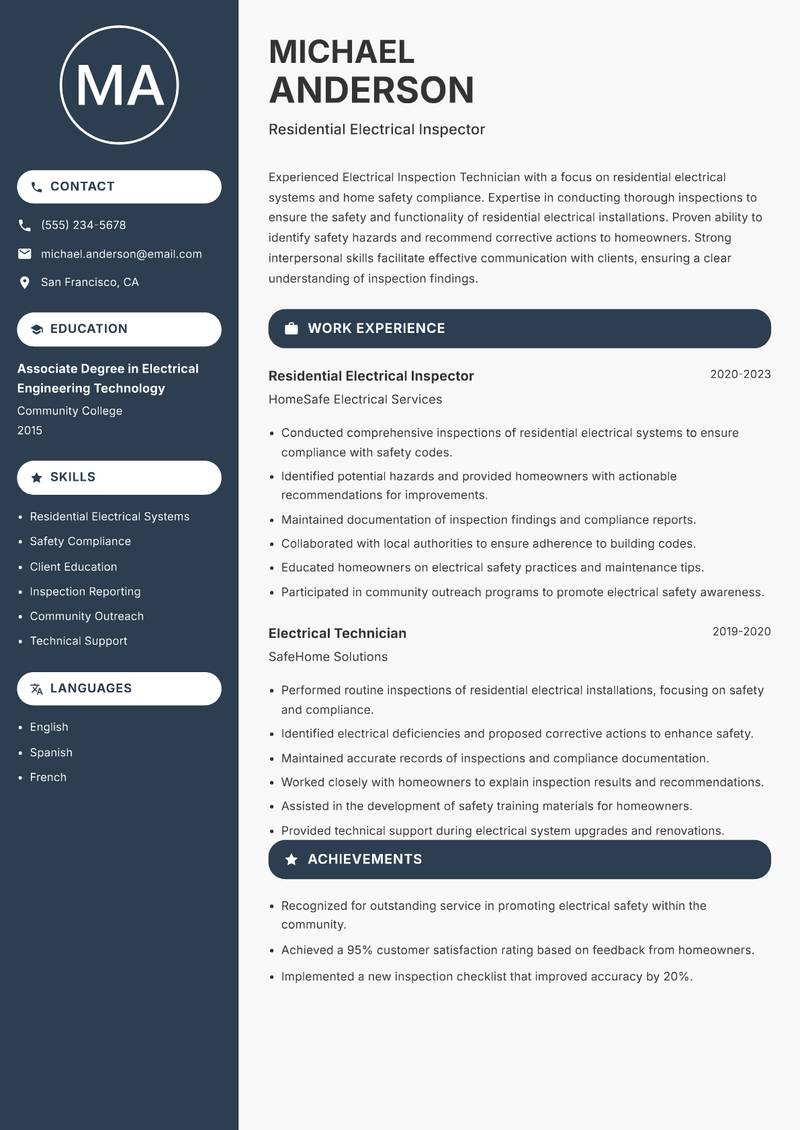 Electrical Inspection Technician resume template — Compact