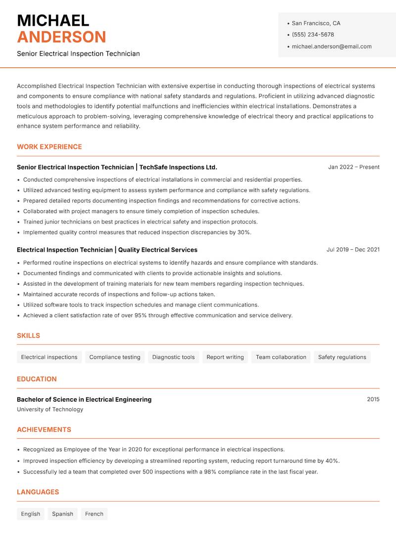 Electrical Inspection Technician resume template — Modern Professional