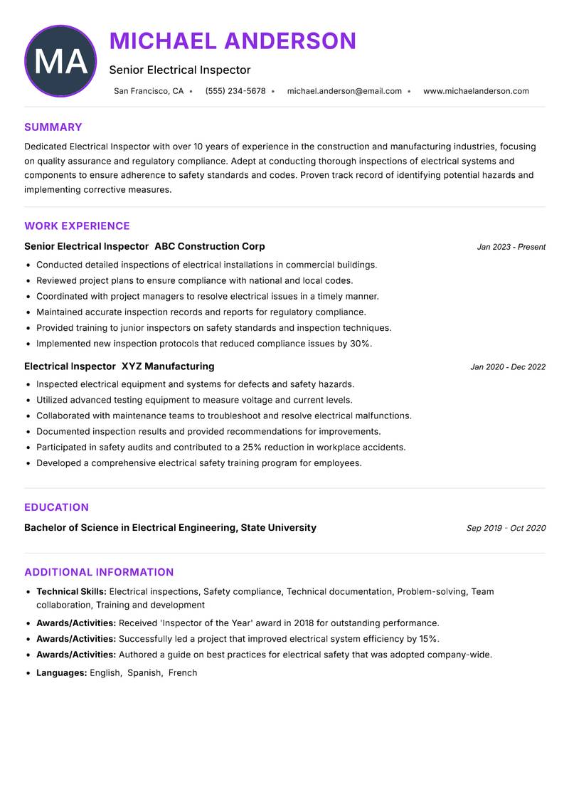 Electrical Inspector resume example — ATS-friendly template