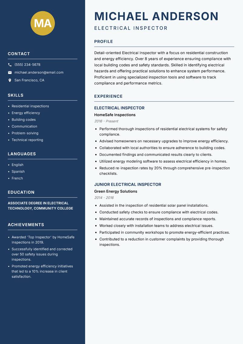 Electrical Inspector resume template — Classic Clean
