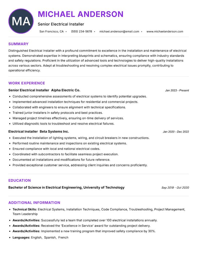Electrical Installer resume example — ATS-friendly template