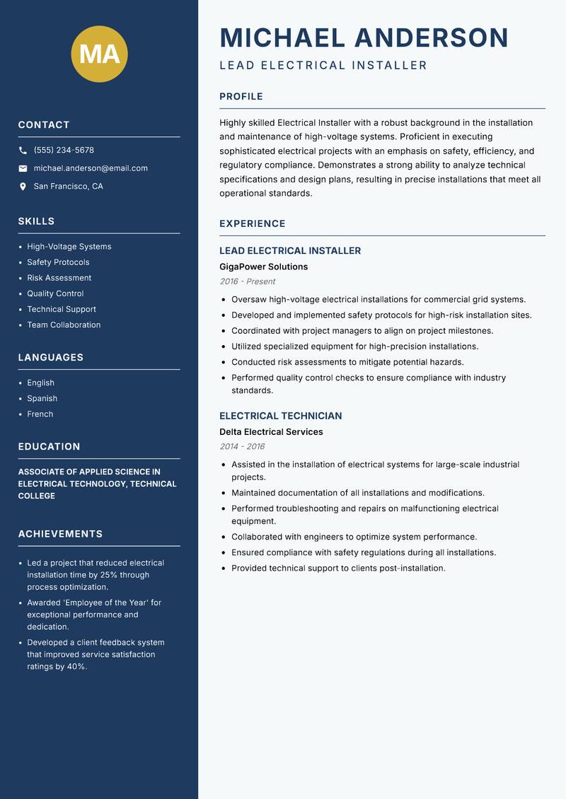 Electrical Installer resume template — Classic Clean