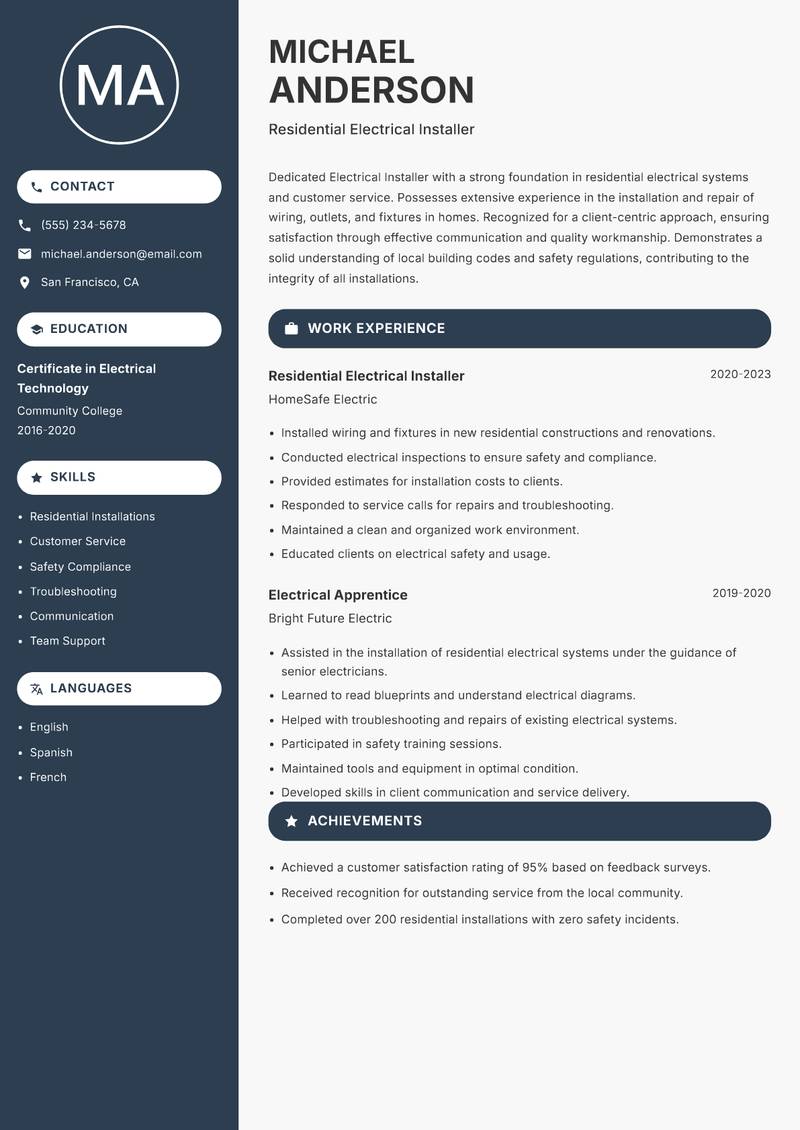 Electrical Installer resume template — Compact