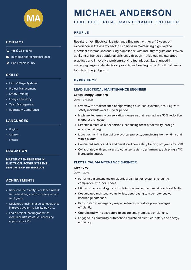 Electrical Maintenance Engineer resume template — Classic Clean
