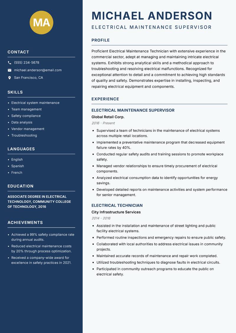 Electrical Maintenance Technician resume template — Classic Clean