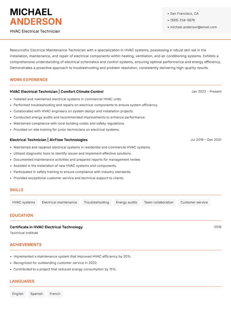 Electrical Maintenance Technician resume template — Modern Professional