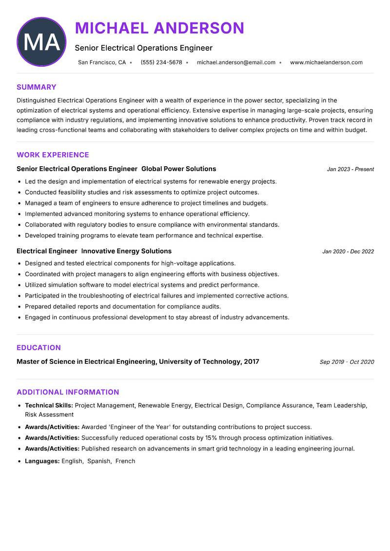 Electrical Operations Engineer Power resume example — ATS-friendly template