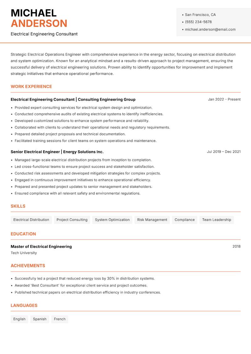 Electrical Operations Engineer Power resume template — Modern Professional