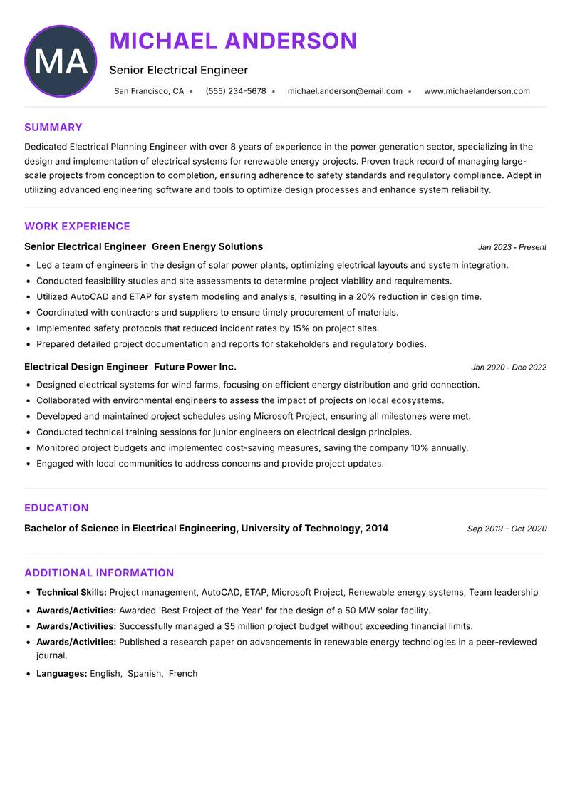 Electrical Planning Engineer resume example — ATS-friendly template