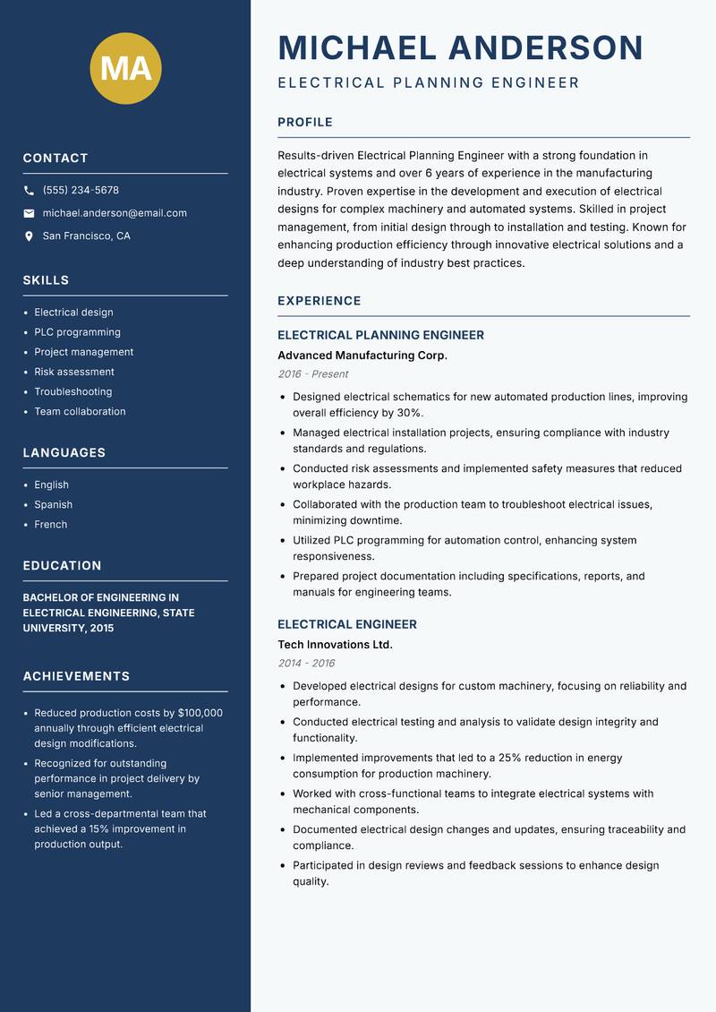 Electrical Planning Engineer resume template — Classic Clean
