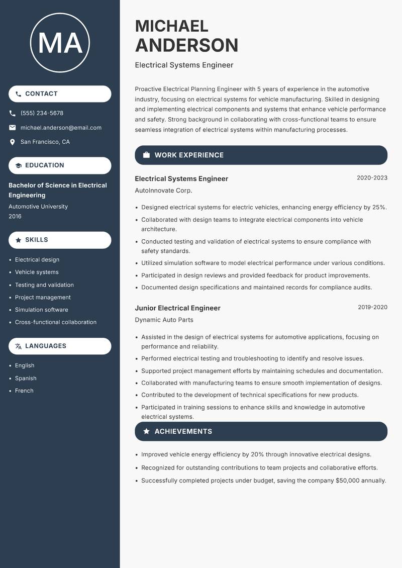 Electrical Planning Engineer resume template — Compact