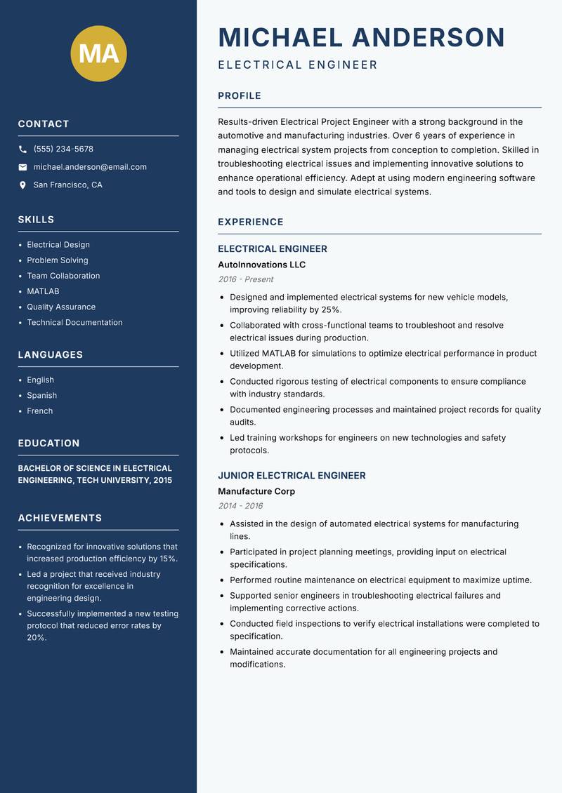 Electrical Project Engineer resume template — Classic Clean