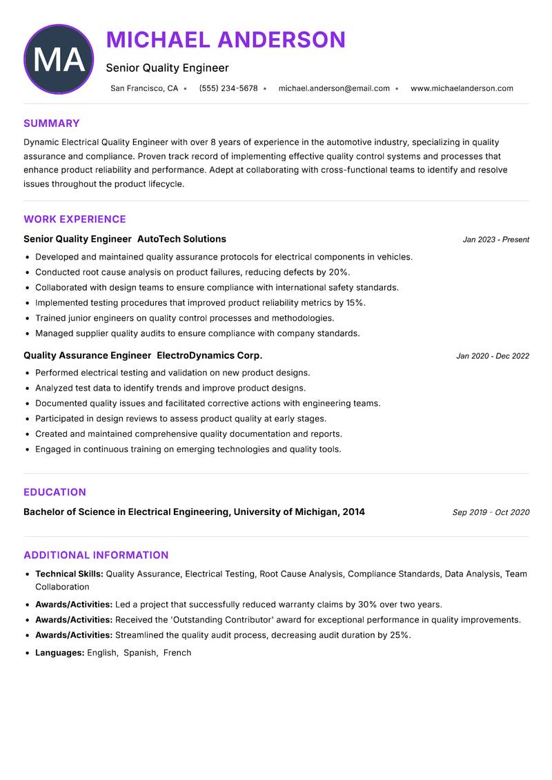 Electrical Quality Engineer resume example — ATS-friendly template