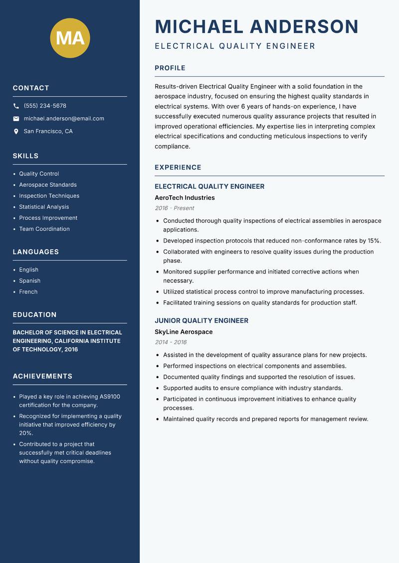 Electrical Quality Engineer resume template — Classic Clean