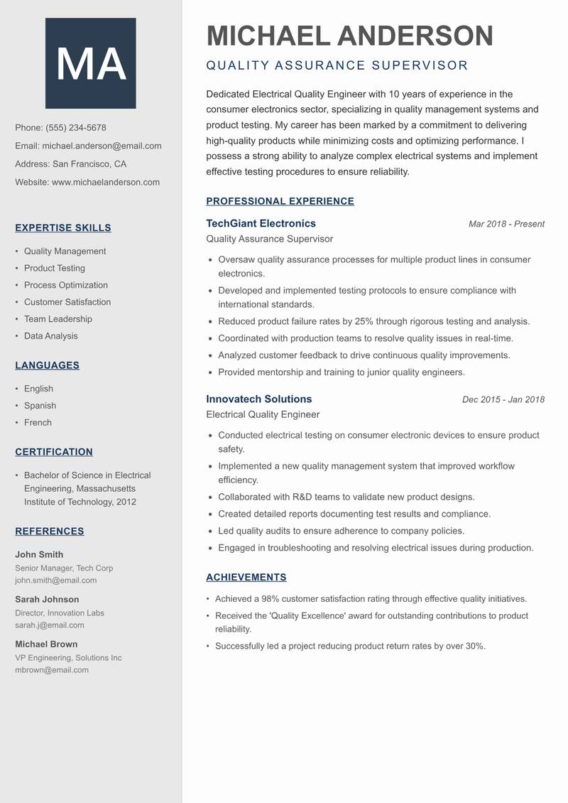 Electrical Quality Engineer resume template — Creative Minimal