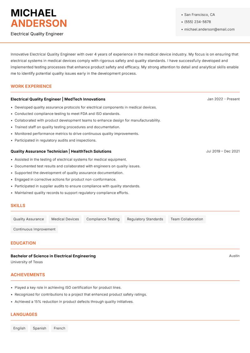 Electrical Quality Engineer resume template — Modern Professional