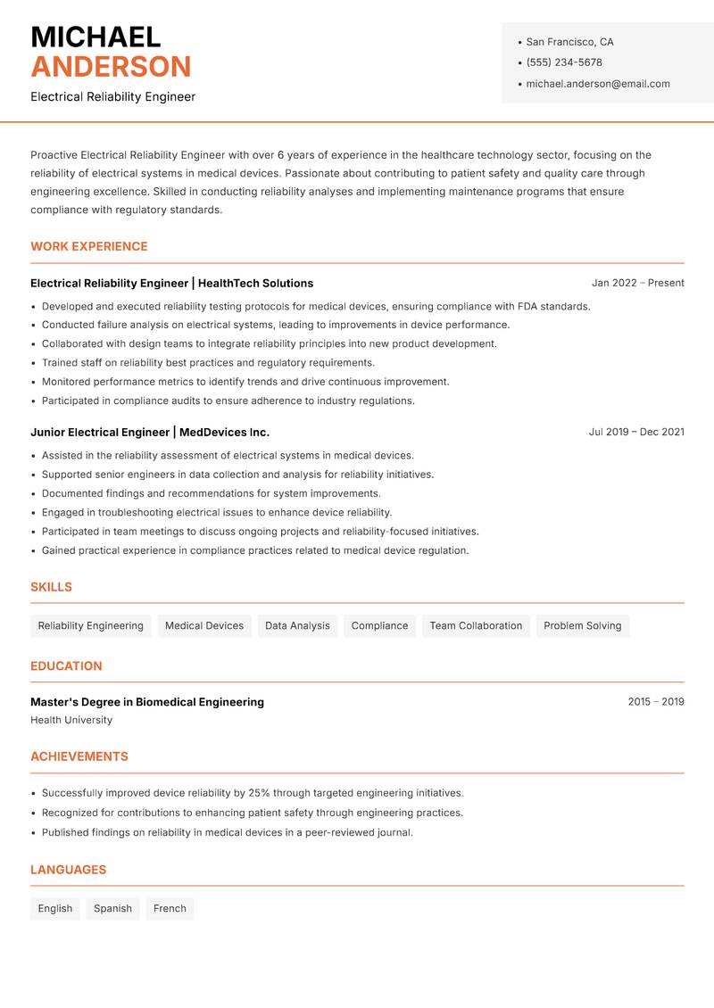 Electrical Reliability Engineer resume template — Modern Professional