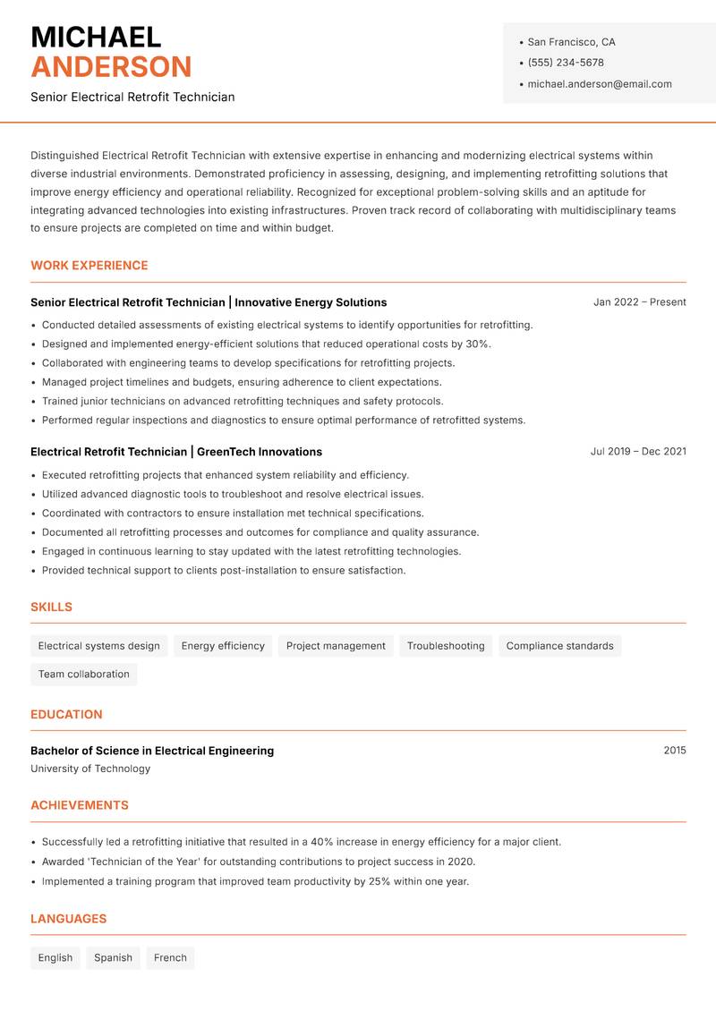 Electrical Retrofit Technician resume template — Modern Professional