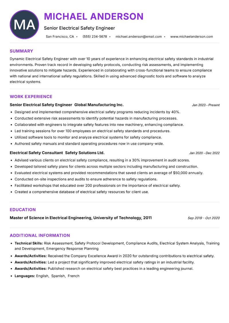Electrical Safety Engineer resume example — ATS-friendly template