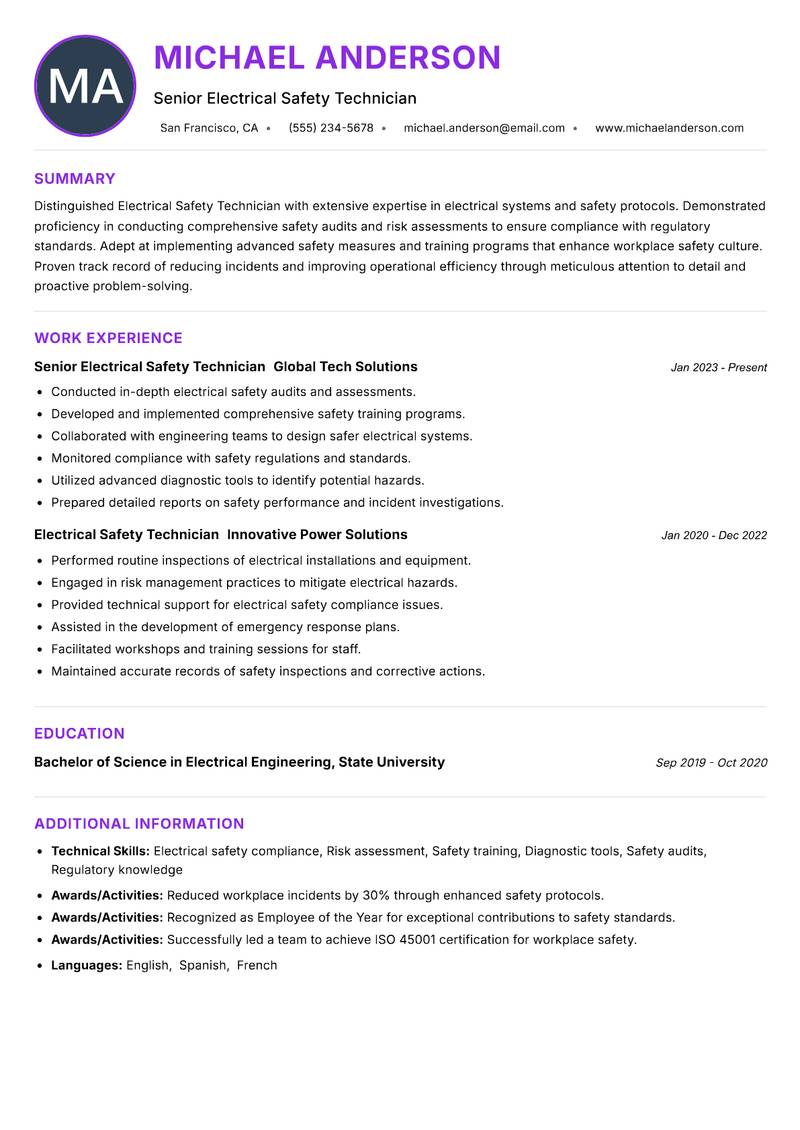 Electrical Safety Technician resume example — ATS-friendly template