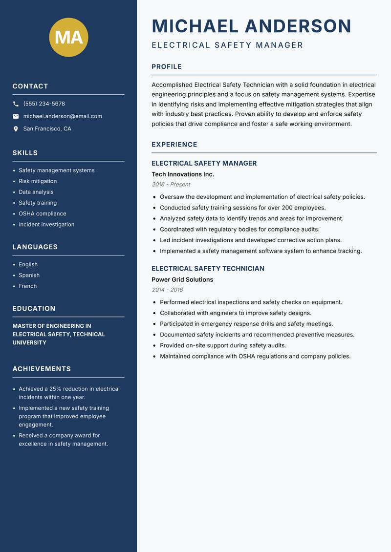 Electrical Safety Technician resume template — Classic Clean
