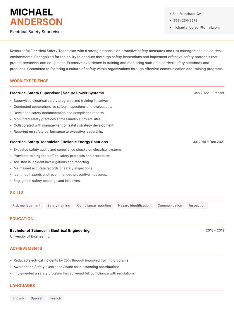 Electrical Safety Technician resume template — Modern Professional